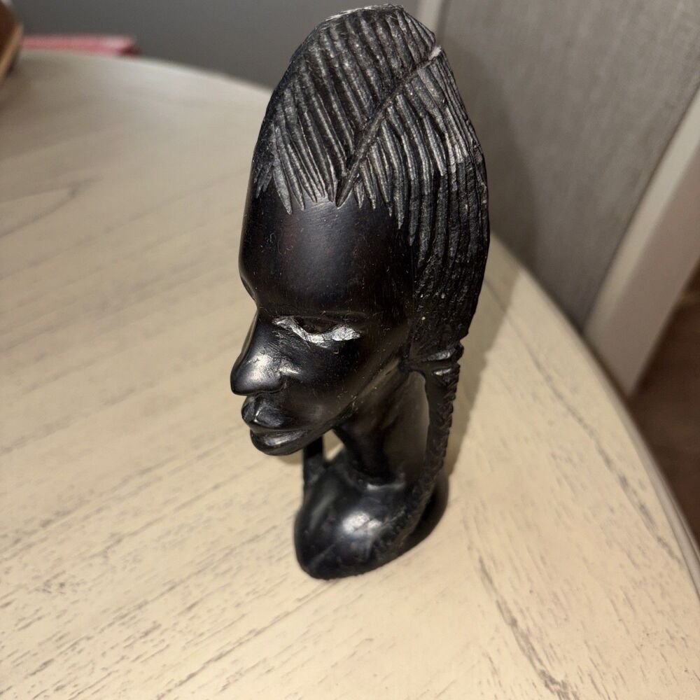 Hand-Carved African Ebony Wood Sculpture - Tribal Female Head Bust - 6.5" Tall